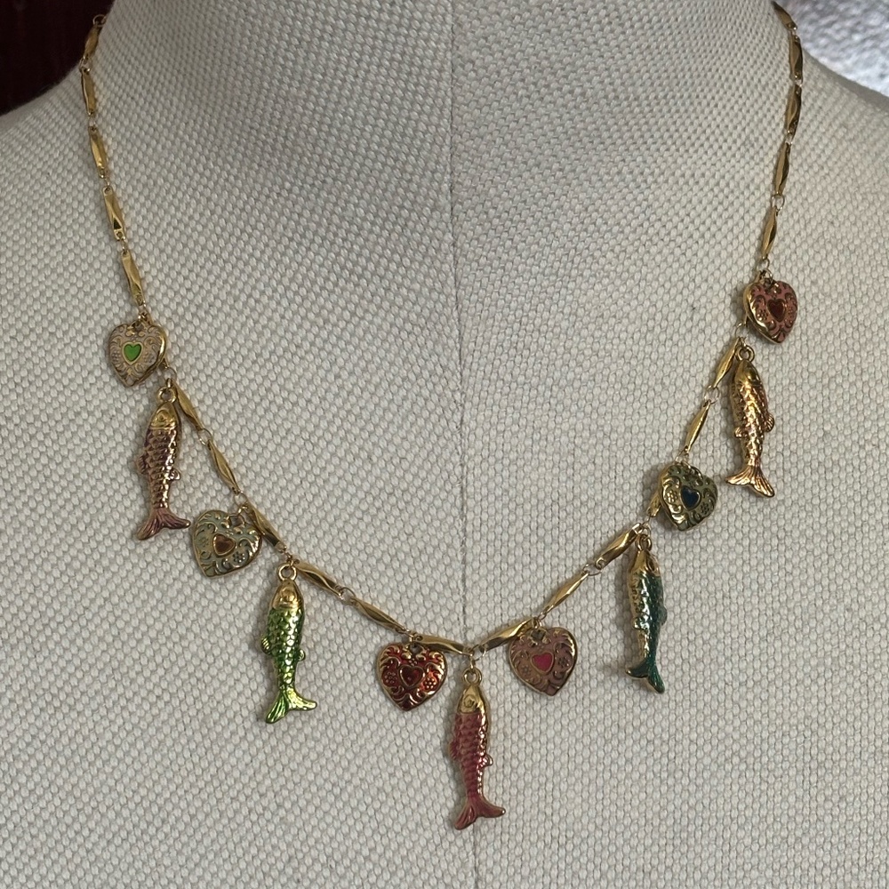 Habaha Paris Heart + Fish Charm/Pendant Necklace Multi-Colored Gold Toned Chain
